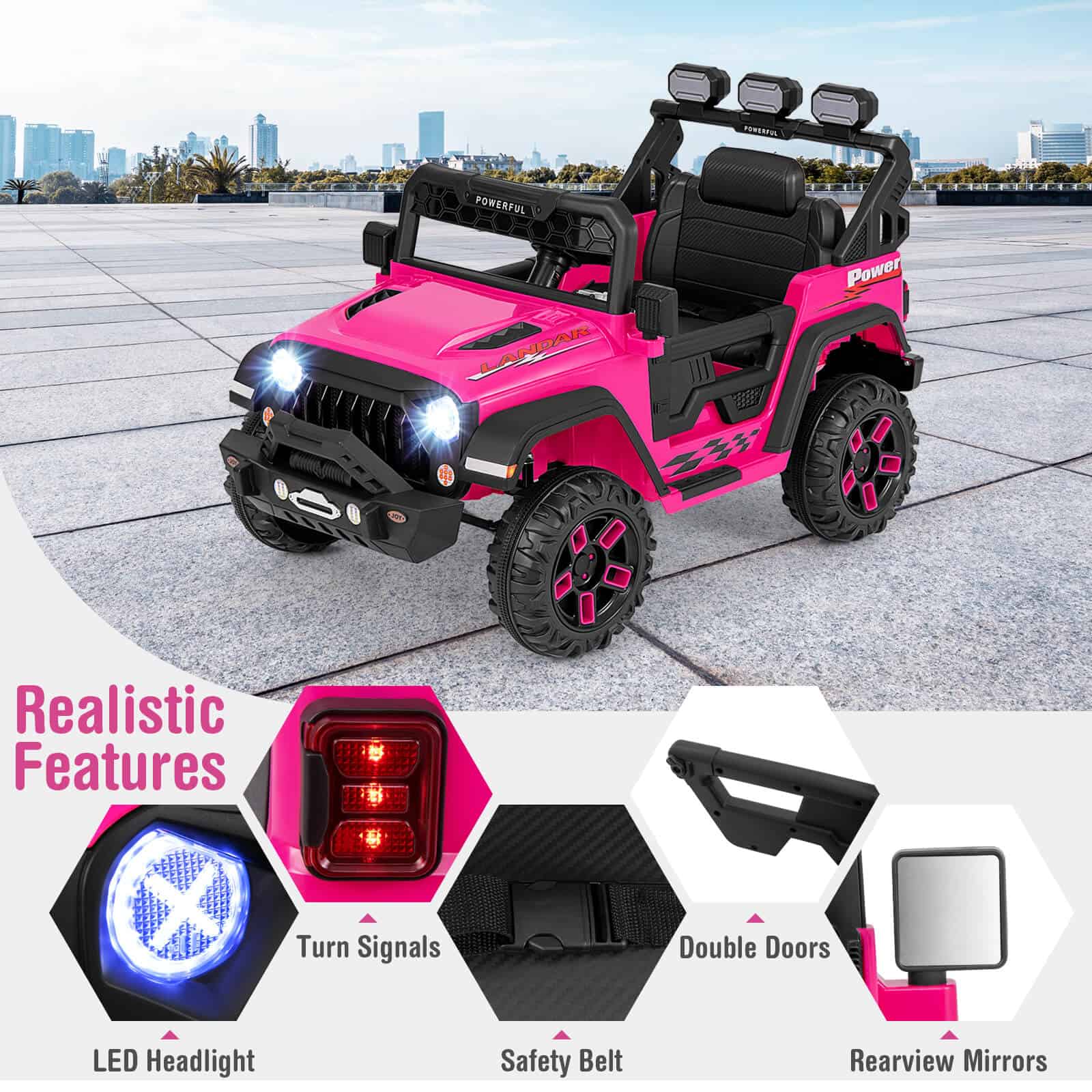 Pink electric toy car for kids, off-road design, LED headlights, turn signals, double doors, safety belt, rearview mirrors, realistic features, outdoor play vehicle, Monalisa Store opt.