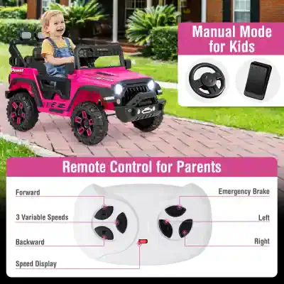 Pink children's electric ride-on car with remote control, suitable for kids, featuring manual mode, adjustable speeds, and a safety brake, designed for outdoor play.