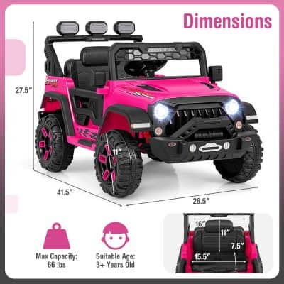 Pink kids ride-on toy car with rugged tires, LED headlights, and detailed dimensions, ideal for children aged 3+ with a maximum weight capacity of 66 lbs, perfect for outdoor play and adventure.