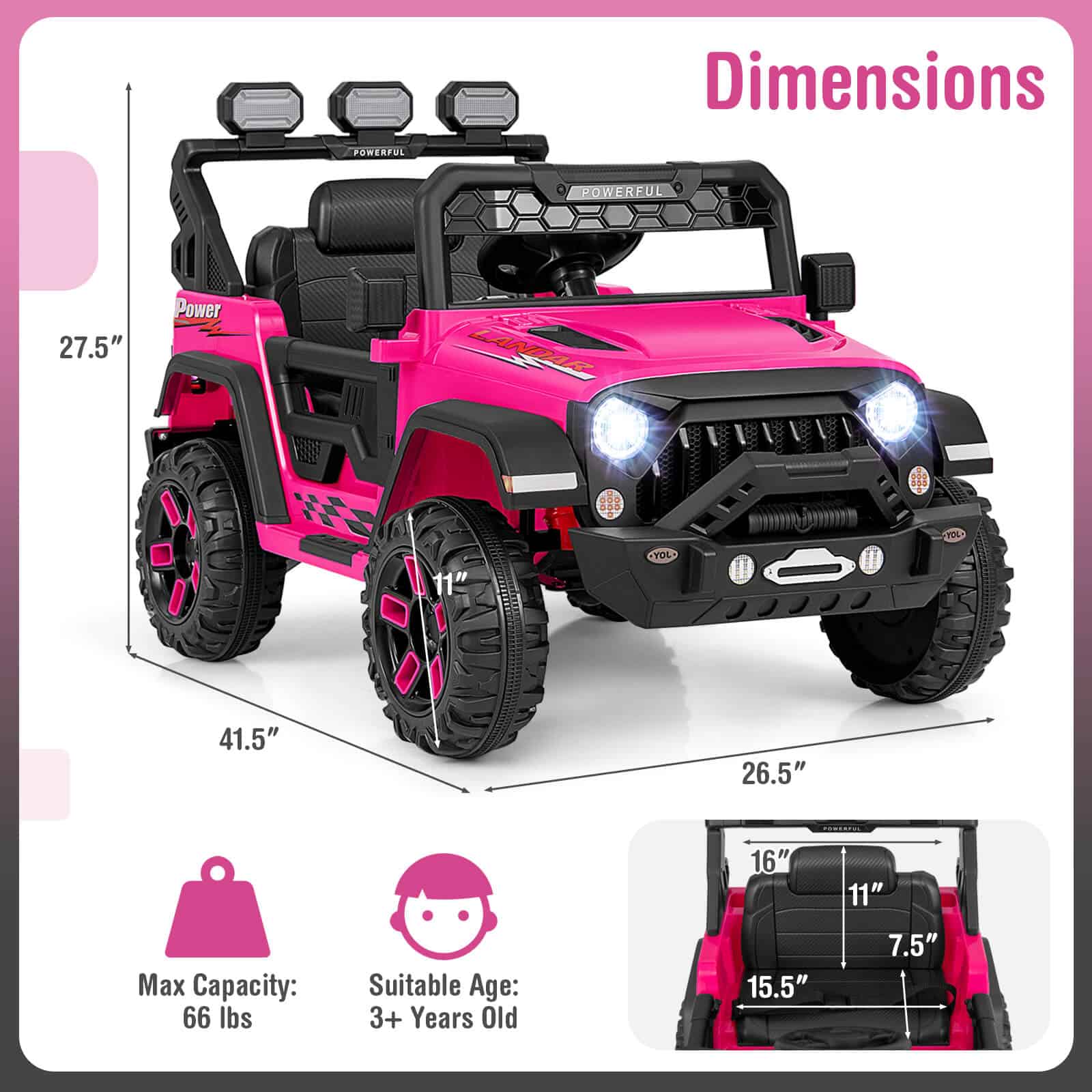 Pink kids ride-on toy car with rugged tires, LED headlights, and detailed dimensions, ideal for children aged 3+ with a maximum weight capacity of 66 lbs, perfect for outdoor play and adventure.