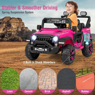 Pink kids' ride-on toy car with LED headlights, designed for outdoor play and adventure. Features a spring suspension system with shock absorbers for a smooth driving experience. Suitable for children to enjoy off-road and pavement driving.