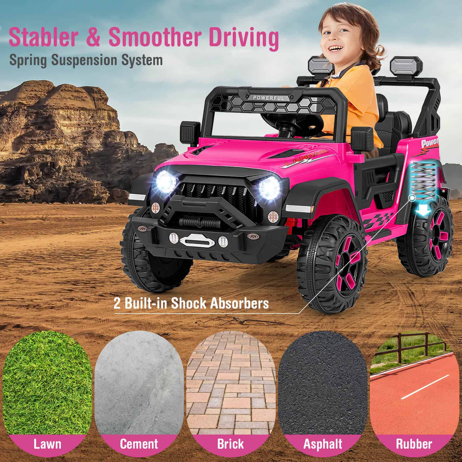 Pink kids' ride-on toy car with LED headlights, designed for outdoor play and adventure. Features a spring suspension system with shock absorbers for a smooth driving experience. Suitable for children to enjoy off-road and pavement driving.