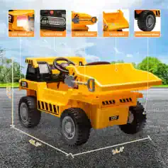Yellow construction toy dump truck with LED headlights, control panel, extra shovel, and wear-resistant wheels on an outdoor asphalt surface.