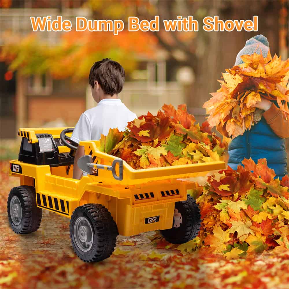 Bright yellow toy dump truck filled with autumn leaves in fall outdoor setting, playful kids enjoying outdoor activities, ideal for children's toys and outdoor play products.