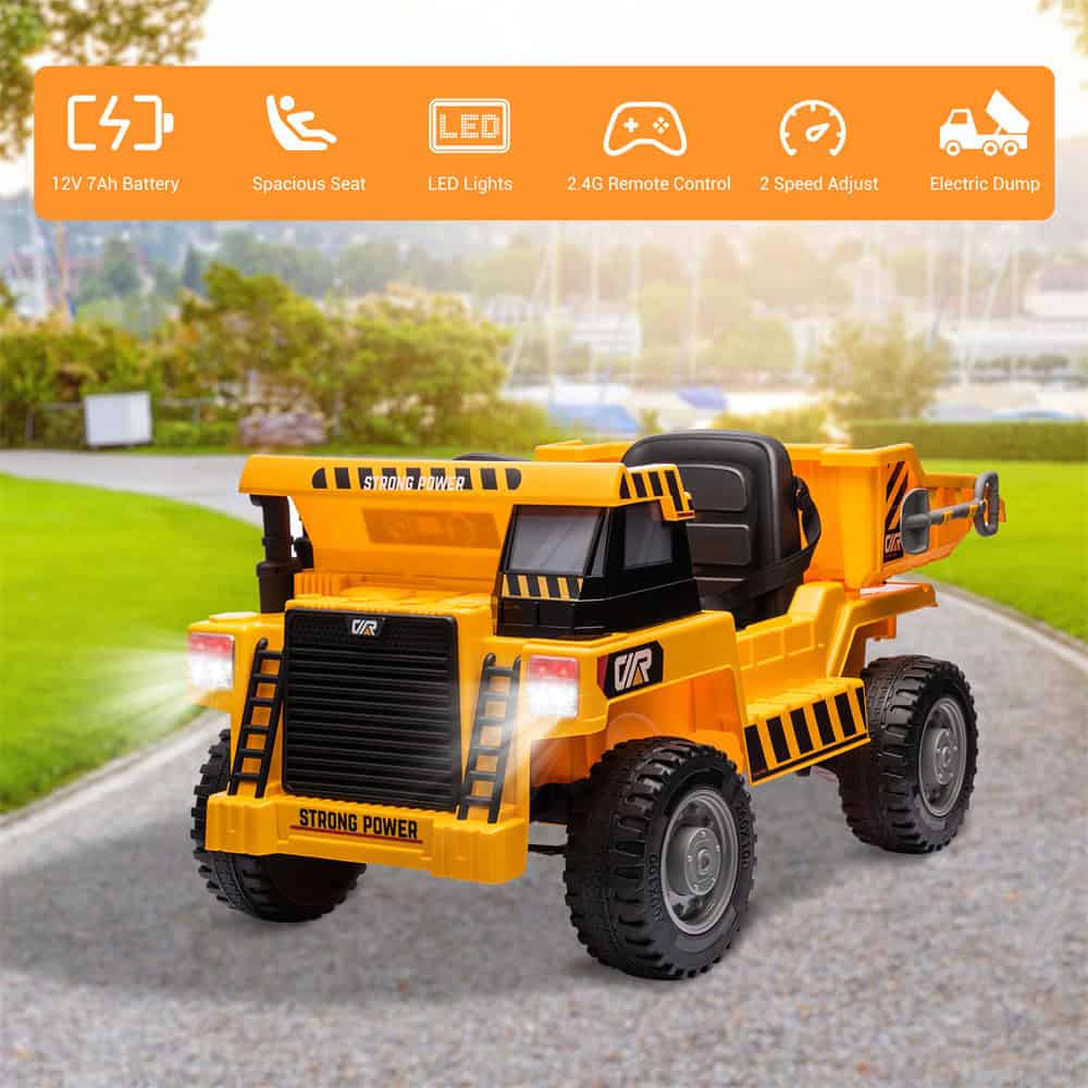 Bright yellow kids' construction truck with realistic features, large tires, LED lights, remote control, and sturdy design, perfect for imaginative play and outdoor fun.
