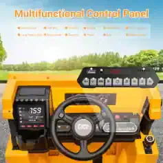 Multifunctional control panel for industrial or agricultural equipment, featuring USB, AUX ports, volume controls, story mode, Bluetooth connection, and various operational buttons.