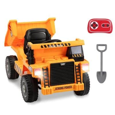 Battery-powered construction toy truck with shovel, remote control, and accessories, perfect for children interested in building and construction play.