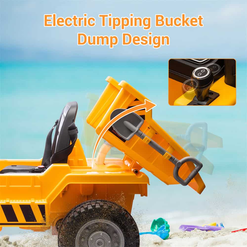 Electric tipping bucket dump truck for children, with durable plastic construction and adjustable tipping mechanism, ideal for outdoor play and beach activities.