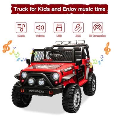 Red kids electric ride-on car with music, volume, USB, AUX, and Bluetooth connectivity for children's entertainment. Perfect for outdoor fun and music enjoyment.