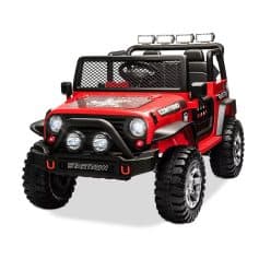 Kids electric ride-on car, red off-road toy vehicle with headlights, sturdy wheels, and safety features, perfect for children’s outdoor play and driving experience.