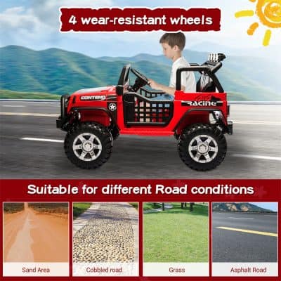 Red kid's ride-on toy car with durable tires suitable for all road conditions, including sand, gravel, grass, and asphalt. Perfect for outdoor adventures and active play.