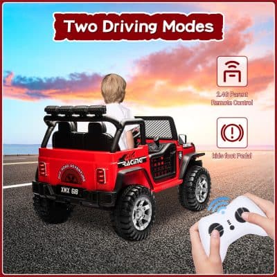 Kids electric ride-on car with remote control, two driving modes, off-road tires, and kids foot pedal for children’s outdoor fun and adventure. Suitable for ages 3+ for safe play.
