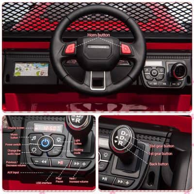 Dashboard steering wheel and gear shifter toy car, children's play vehicle interior, realistic control panel with buttons and display, designed for interactive pretend driving experience, colorful and engaging for kids.