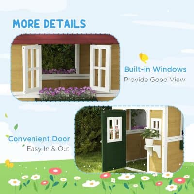 Colorful children’s playhouse with built-in windows and a convenient door, featuring white window frames and a green door, designed for easy entry and outdoor fun.