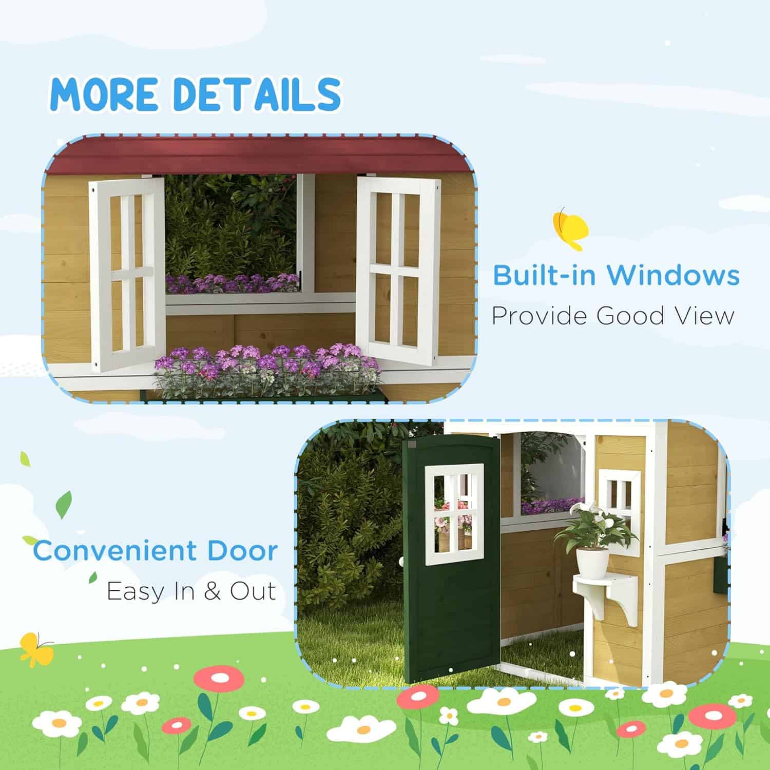 Colorful children’s playhouse with built-in windows and a convenient door, featuring white window frames and a green door, designed for easy entry and outdoor fun.