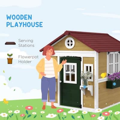 Colorful wooden playhouse for children with flowerpot and serving stations, ideal for outdoor fun and imaginative play. Bright, safe design with flower decorations and functional doors, perfect for a kids' backyard.