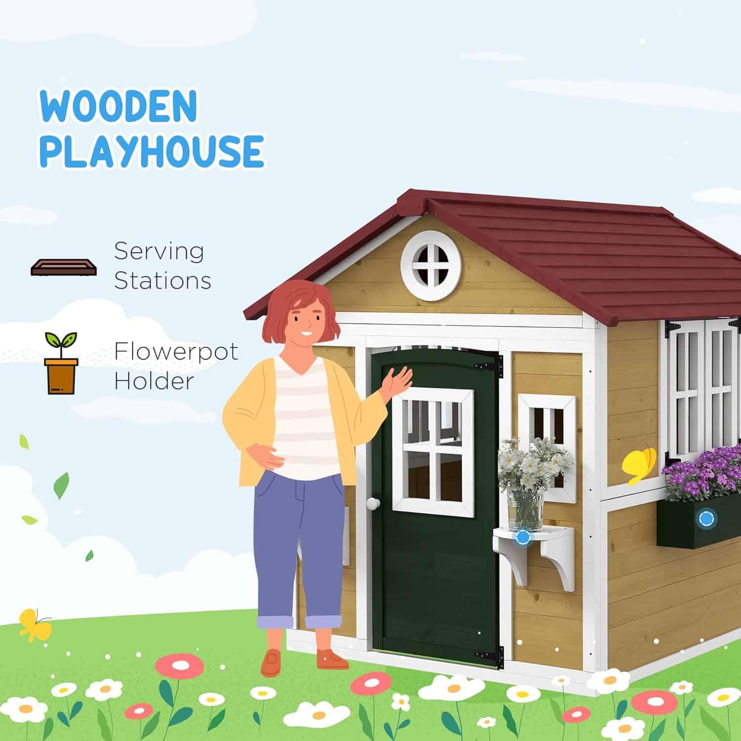 Colorful wooden playhouse for children with flowerpot and serving stations, ideal for outdoor fun and imaginative play. Bright, safe design with flower decorations and functional doors, perfect for a kids' backyard.