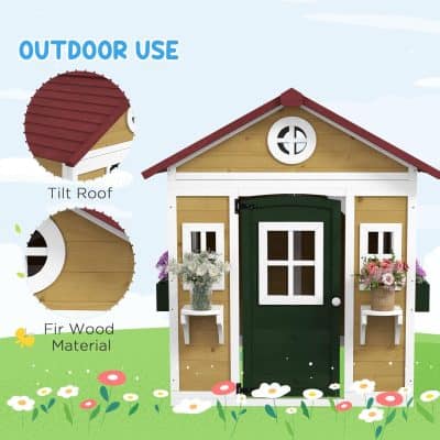 Cute wooden playhouse with tilt roof, white window frames, and flower planters, ideal for outdoor kids' play area. Made of fir wood with durable, weather-resistant construction. Perfect for backyard fun.