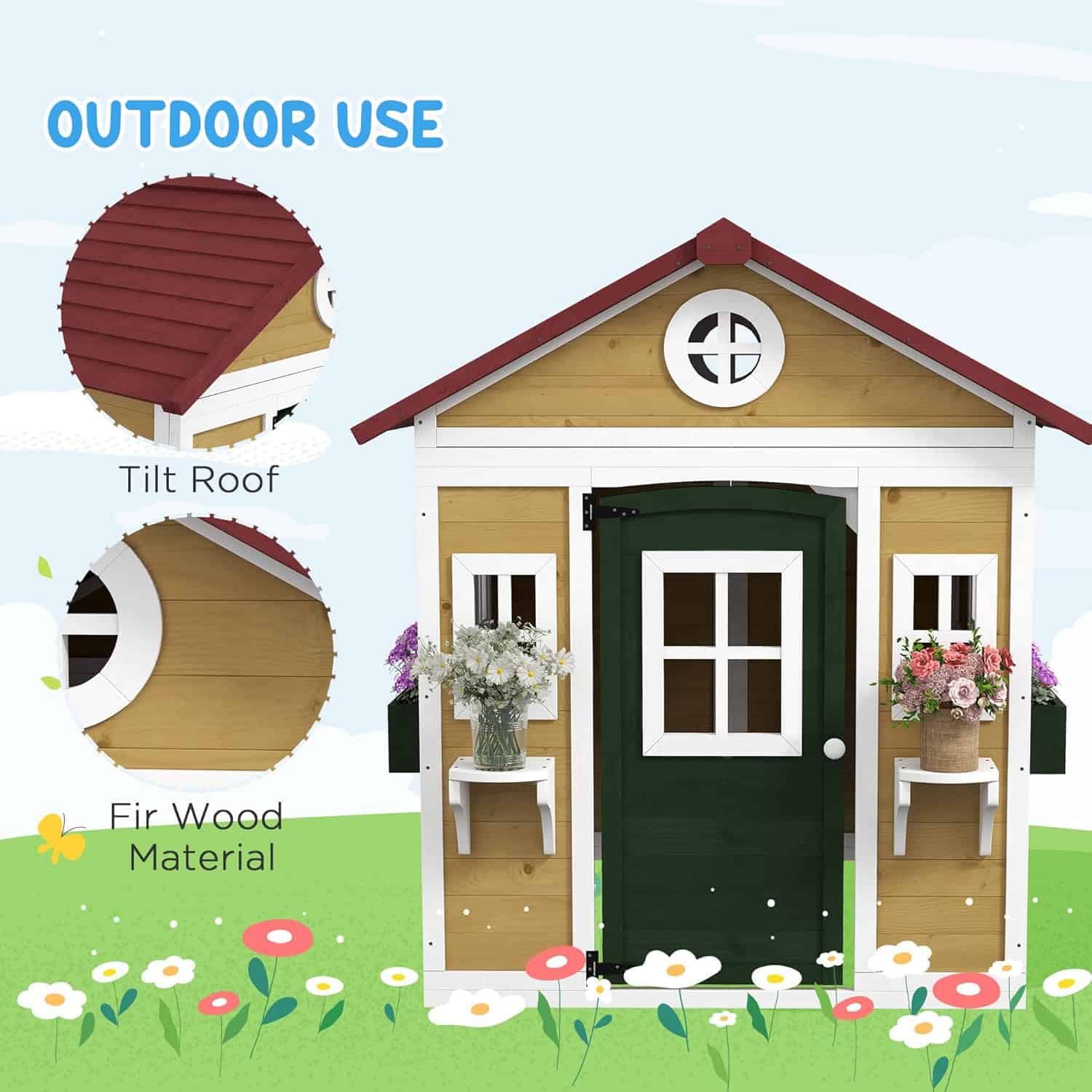 Cute wooden playhouse with tilt roof, white window frames, and flower planters, ideal for outdoor kids' play area. Made of fir wood with durable, weather-resistant construction. Perfect for backyard fun.