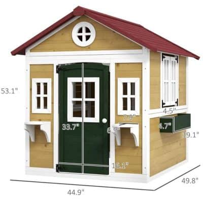 Colorful wooden children's playhouse with windows and door, ideal for outdoor imaginative play and kids' outdoor activities, perfect for backyard play areas, garden toy house for kids.