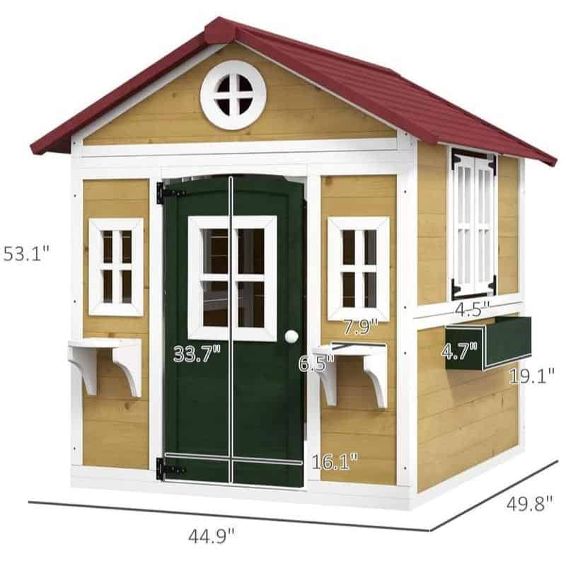 Colorful wooden children's playhouse with windows and door, ideal for outdoor imaginative play and kids' outdoor activities, perfect for backyard play areas, garden toy house for kids.