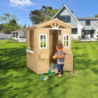 Cute wooden playhouse for children in a lush backyard garden, perfect for outdoor fun and imaginative play. Durable and charming kids' outdoor playhouse from Monalisa Store.