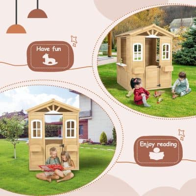 Wooden children's playhouse in a backyard, perfect for outdoor fun and creativity. Durable, safe, and ideal for kids' imaginative play, enhancing outdoor activities in a family outdoor space.