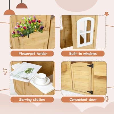 Vase with colorful tulips on wooden flowerpot holder, part of a wooden garden shed or playhouse interior.