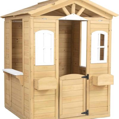 Wooden playhouse for kids with windows and doors, perfect for outdoor backyard fun and imaginative play. Made of durable cedar wood, ideal for children’s outdoor activity and garden playsets.