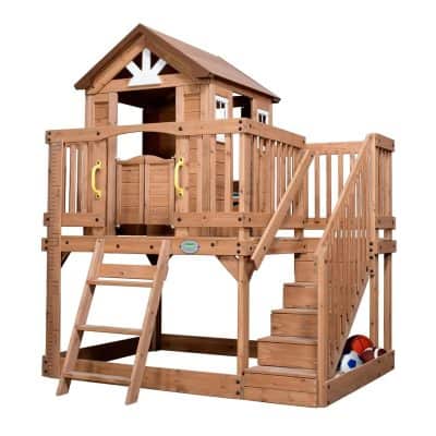 Natural wood outdoor playhouse with climbing stairs, slide, and sports balls storage, ideal for kids' backyard entertainment and creativity.