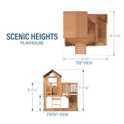 Playhouse wooden play structure with scenic heights, step-by-step dimensions, and safety features, ideal for children's outdoor fun and imaginative play.