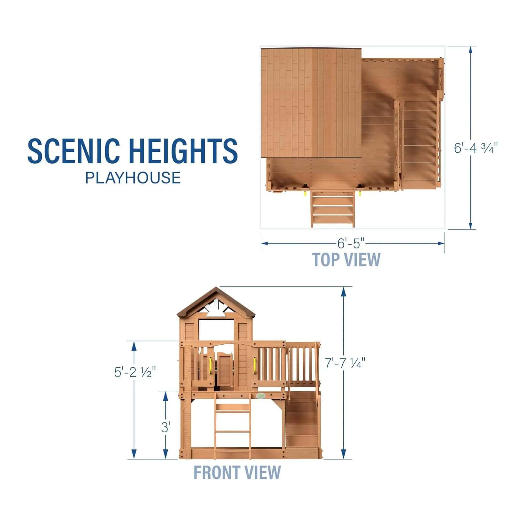 Playhouse wooden play structure with scenic heights, step-by-step dimensions, and safety features, ideal for children's outdoor fun and imaginative play.