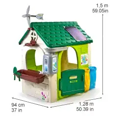 Colorful children's eco-friendly playhouse with solar panel, water pump, and recycling bins, ideal for outdoor fun and eco-awareness. Suitable for garden or backyard play areas.