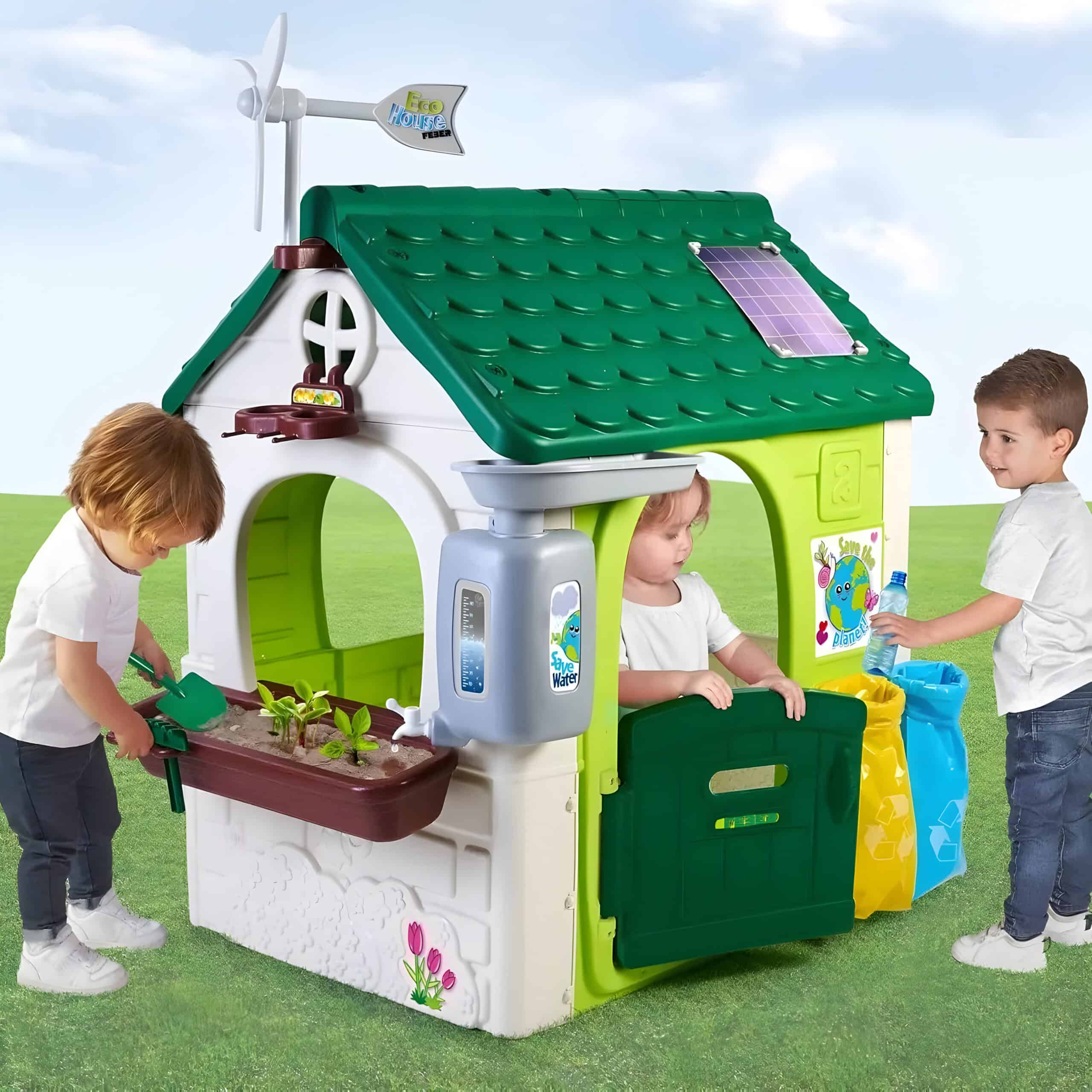 Colorful children's eco-friendly playhouse with solar panels, water-saving features, and garden accessories for outdoor fun and learning; perfect for eco-conscious families.