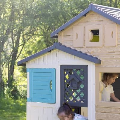 Playhouse for kids with windows and door, outdoor children’s wooden playhouse, backyard garden playset for children, kids pretend play toy, durable outdoor fun activity.