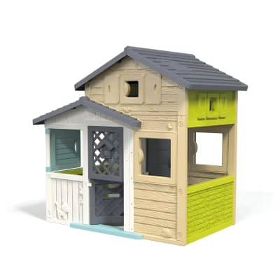 Playhouse for kids, colorful plastic outdoor toy house with windows and door, ideal for children’s imaginative play and backyard fun.
