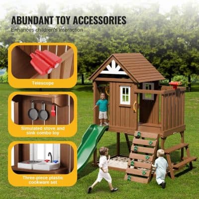 Colorful children's outdoor playhouse with toy accessories, including telescope, stove and sink set, and climbing areas for imaginative play and child development.