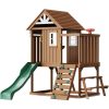 Wooden outdoor playhouse with slide and climbing stairs, perfect for children's backyard activities and imaginative play, durable playset for kids.