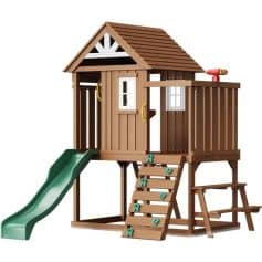Wooden outdoor playhouse with slide and climbing stairs, perfect for children's backyard activities and imaginative play, durable playset for kids.