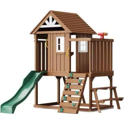 Wooden outdoor playhouse with slide and climbing stairs, perfect for children's backyard activities and imaginative play, durable playset for kids.