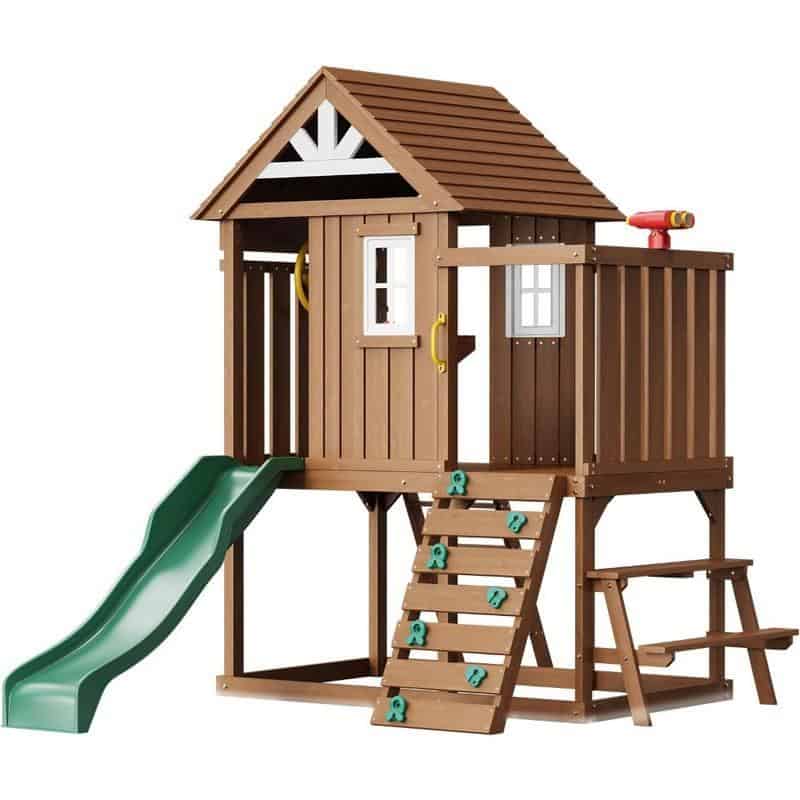 Wooden outdoor playhouse with slide and climbing stairs, perfect for children's backyard activities and imaginative play, durable playset for kids.