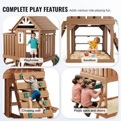 Playhouse wooden outdoor kids playset with role-playing features for imaginative fun.