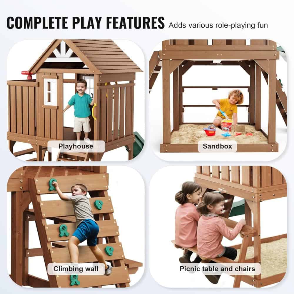 Playhouse wooden outdoor kids playset with role-playing features for imaginative fun.