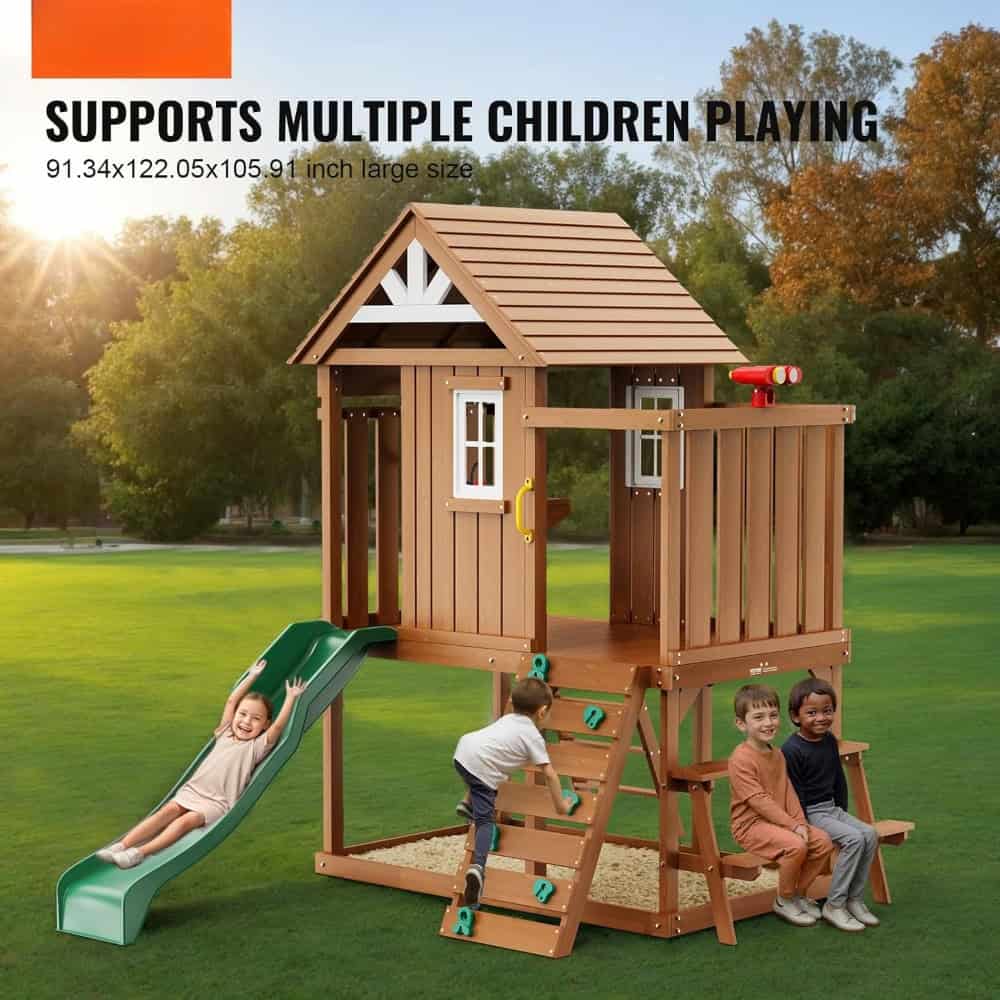 Playhouse with slide and climbing ladder for children at Monalisa Store, ideal for outdoor play and kids entertainment. Perfect for backyard or park settings, fostering active play and social interaction.