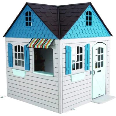 Colorful children's playhouse with blue shutters and striped awning, ideal for outdoor fun and imaginative play. Perfect for kids’ entertainment, backyard decor, and family activities.