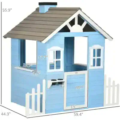 Colorful children's playhouse with blue exterior, white accents, and realistic window and door details for imaginative outdoor fun and pretend play.