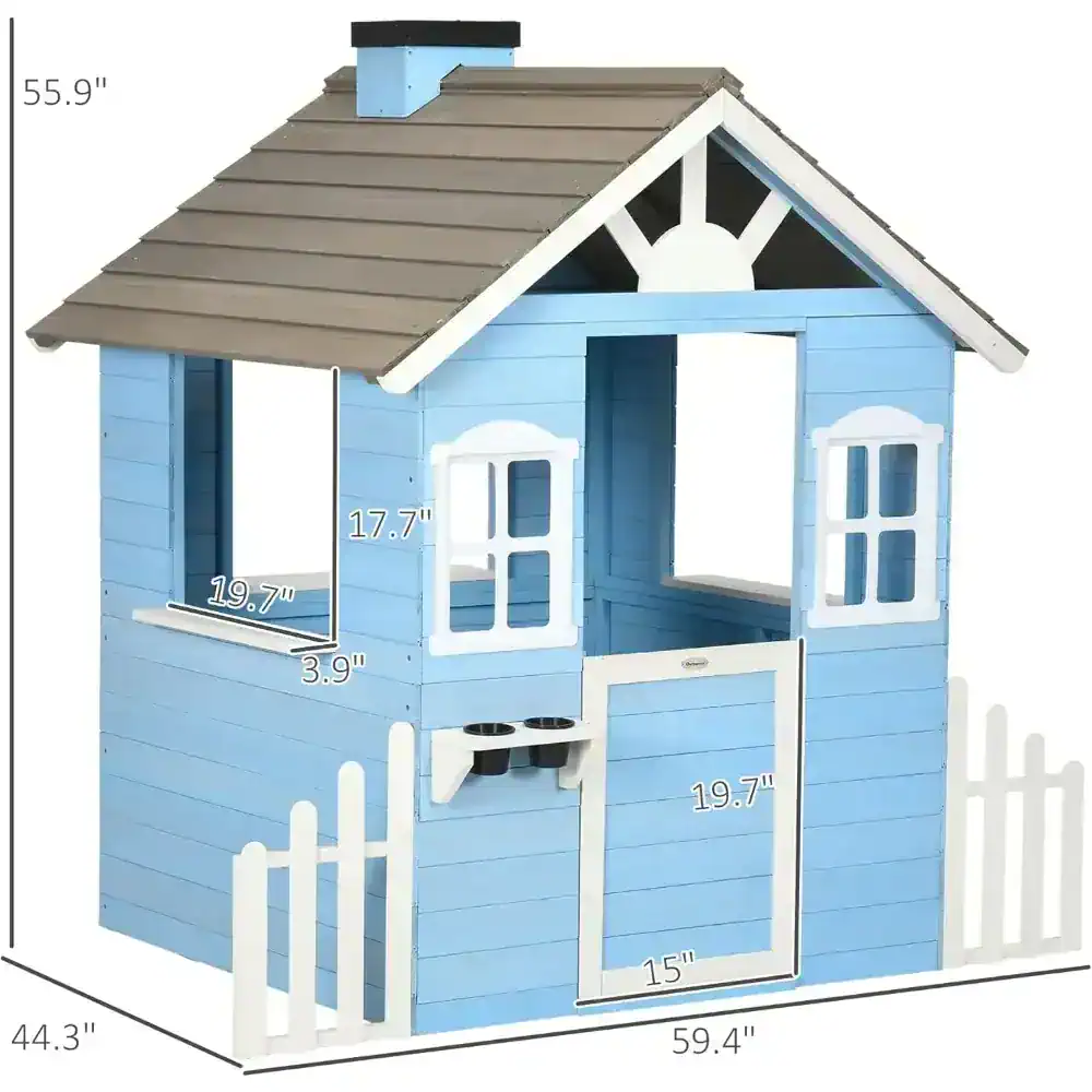 Colorful children's playhouse with blue exterior, white accents, and realistic window and door details for imaginative outdoor fun and pretend play.