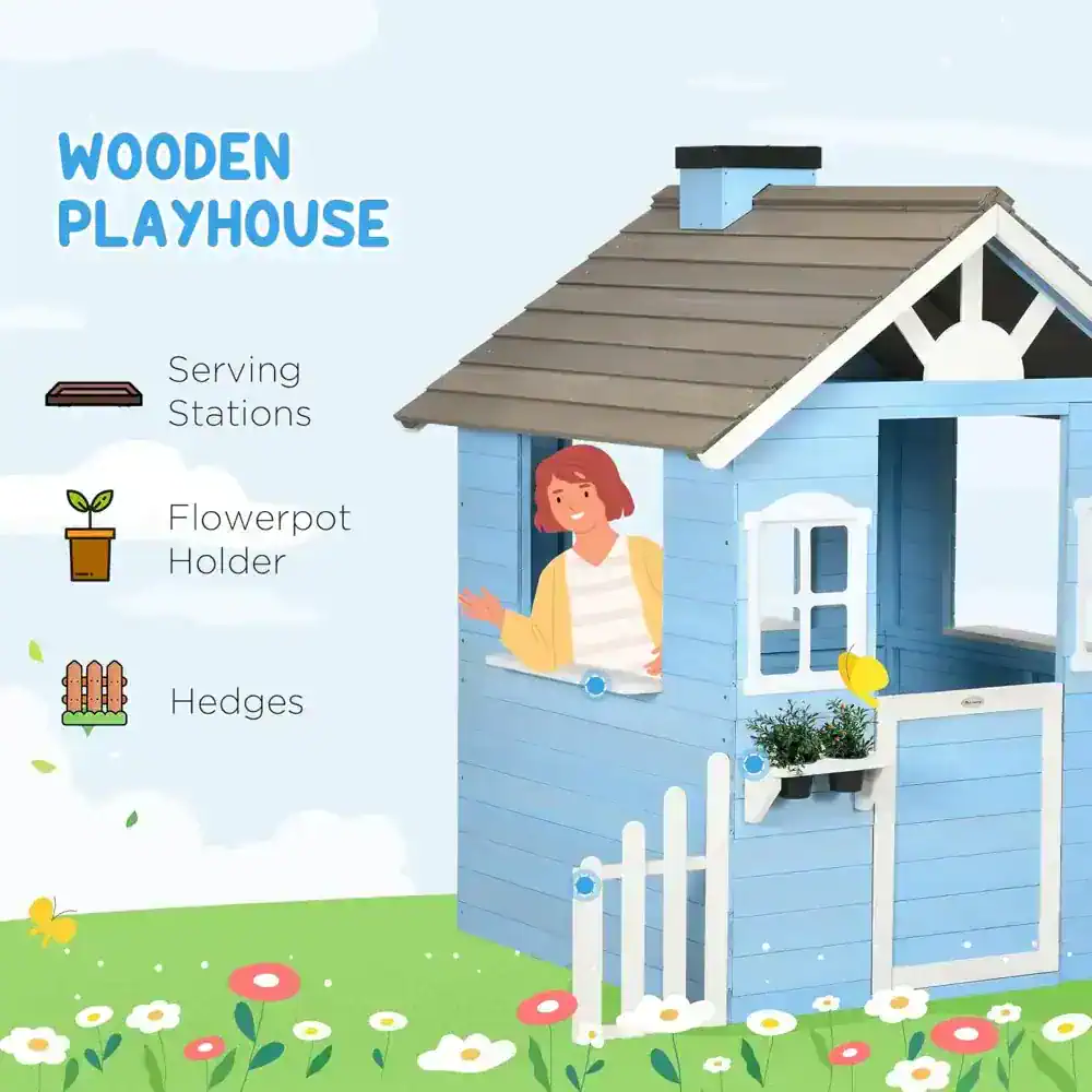 Wooden playhouse for kids, with flowerpot holder and hedges, perfect for outdoor fun and imaginative play. Bright blue color and charming design ideal for children's garden activities.