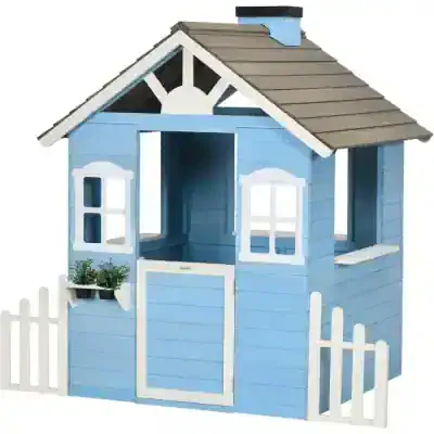 Colorful wooden playhouse for children, blue and white design with windows and small fence, perfect for outdoor play and kids' entertainment.