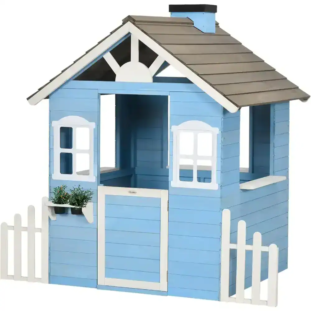 Colorful wooden playhouse for children, blue and white design with windows and small fence, perfect for outdoor play and kids' entertainment.
